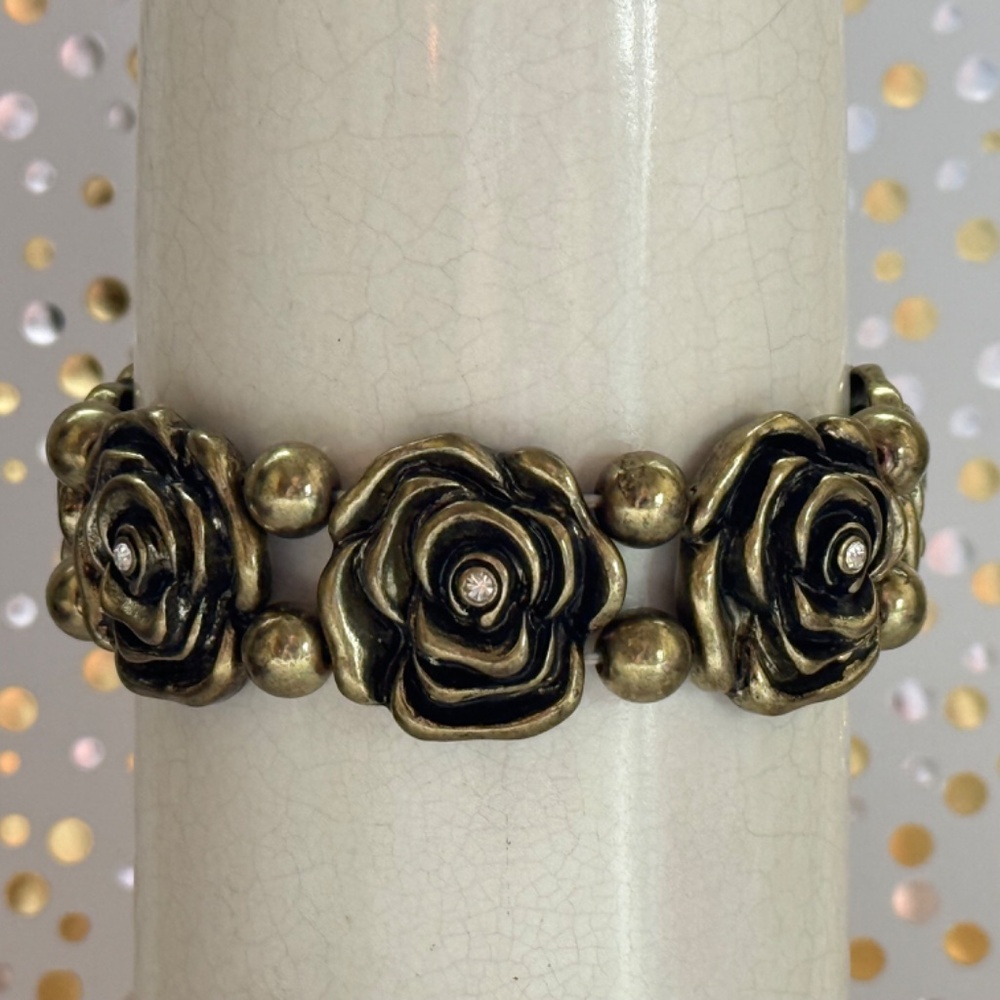 TRISHA WALDRON Bracelet Floral Beaded Rhinestone Stretch Antique Gold 7"